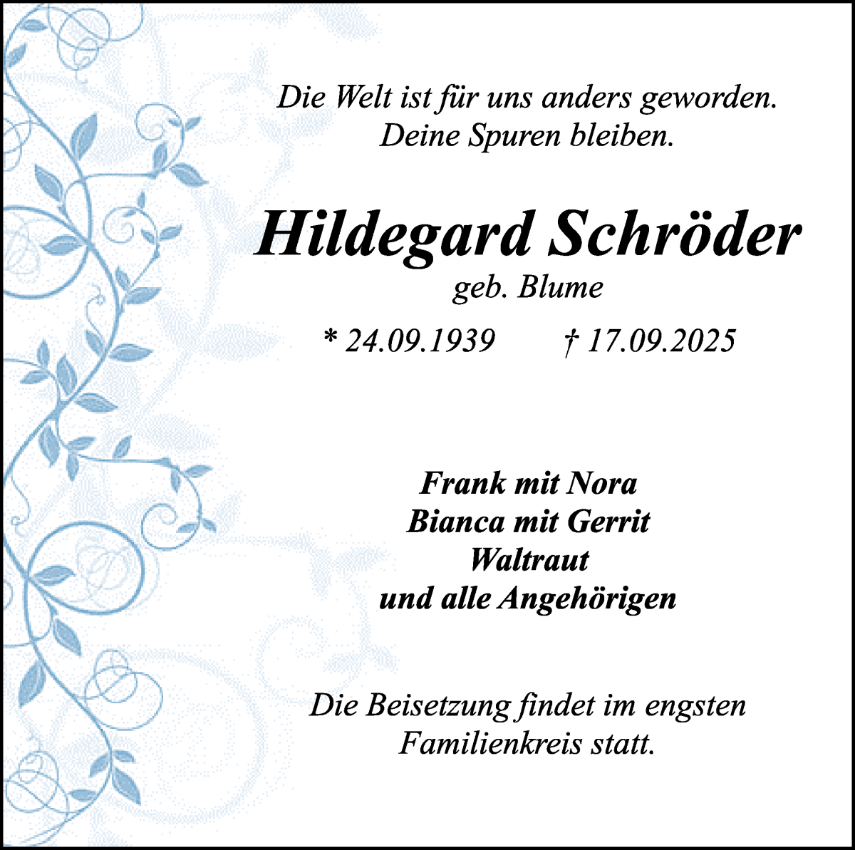  Traueranzeige für Hildegard Schröder vom 27.09.2025 aus WESER-KURIER