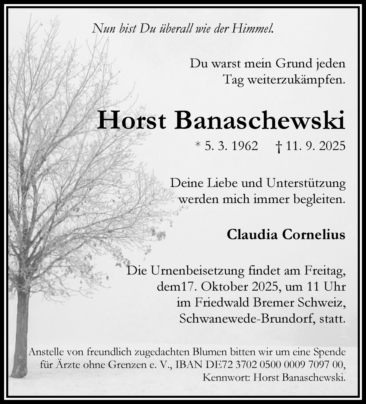 Traueranzeige von Horst Banaschewski von WESER-KURIER