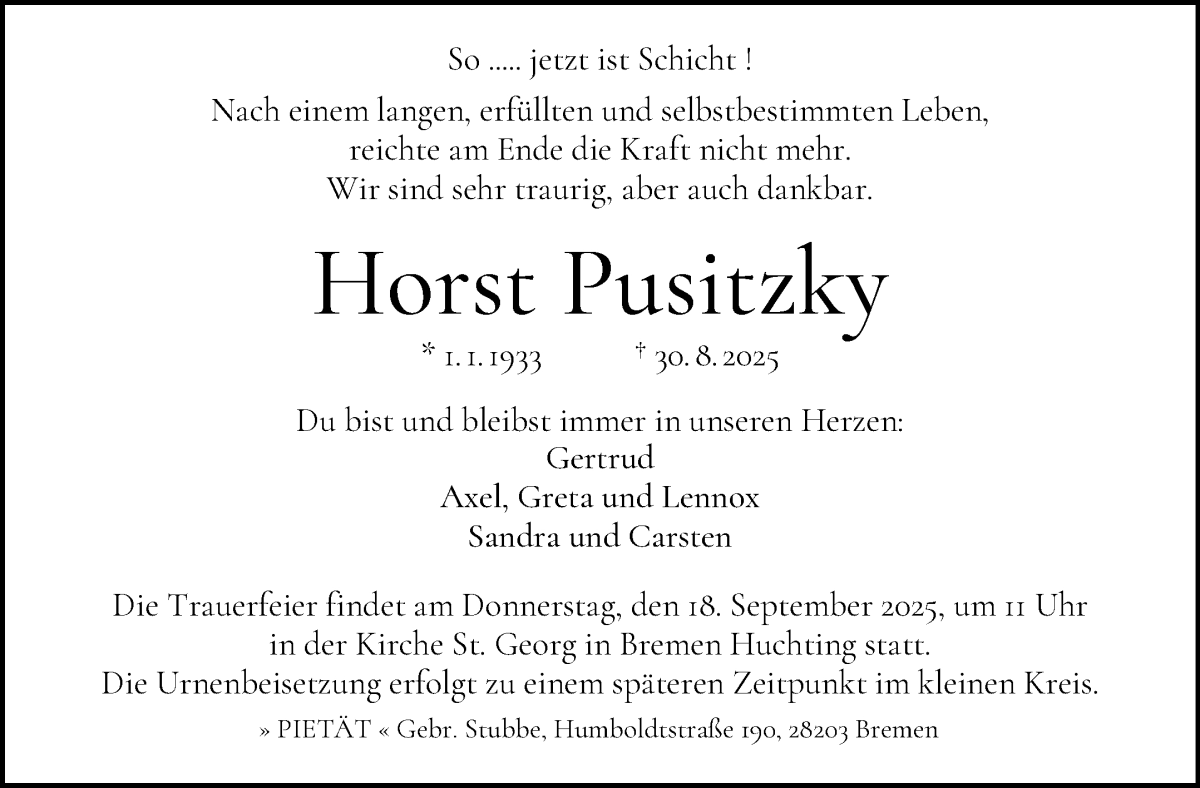 Traueranzeige von Horst Pusitzky von WESER-KURIER