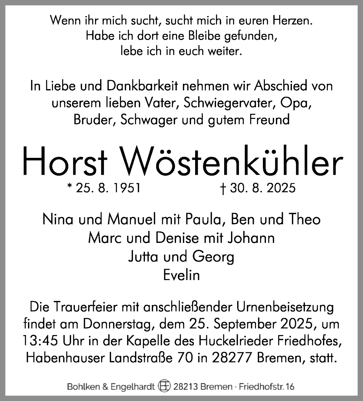 Traueranzeige von Horst Wöstenkühler von WESER-KURIER