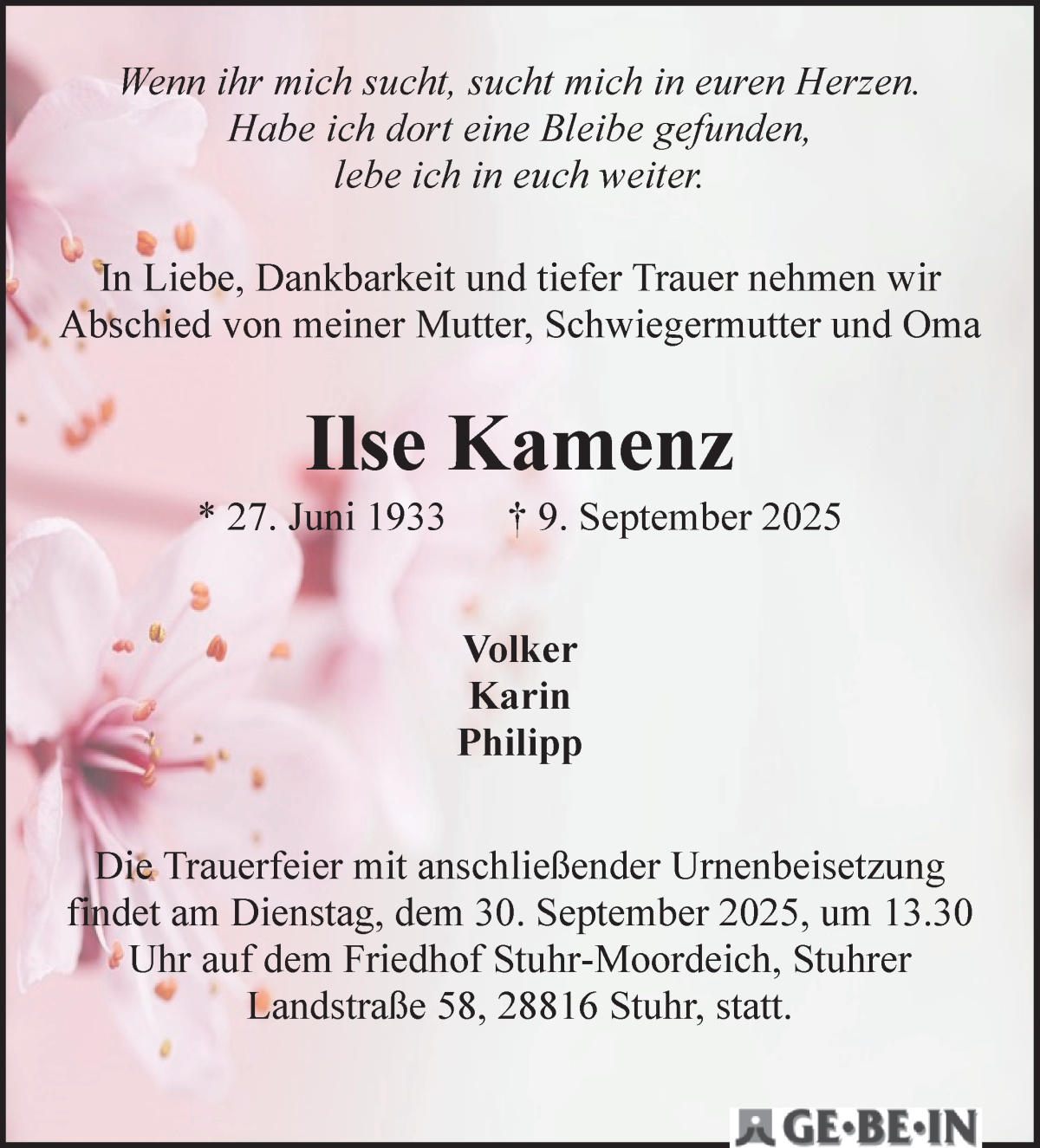 Traueranzeige von Ilse Kamenz von WESER-KURIER