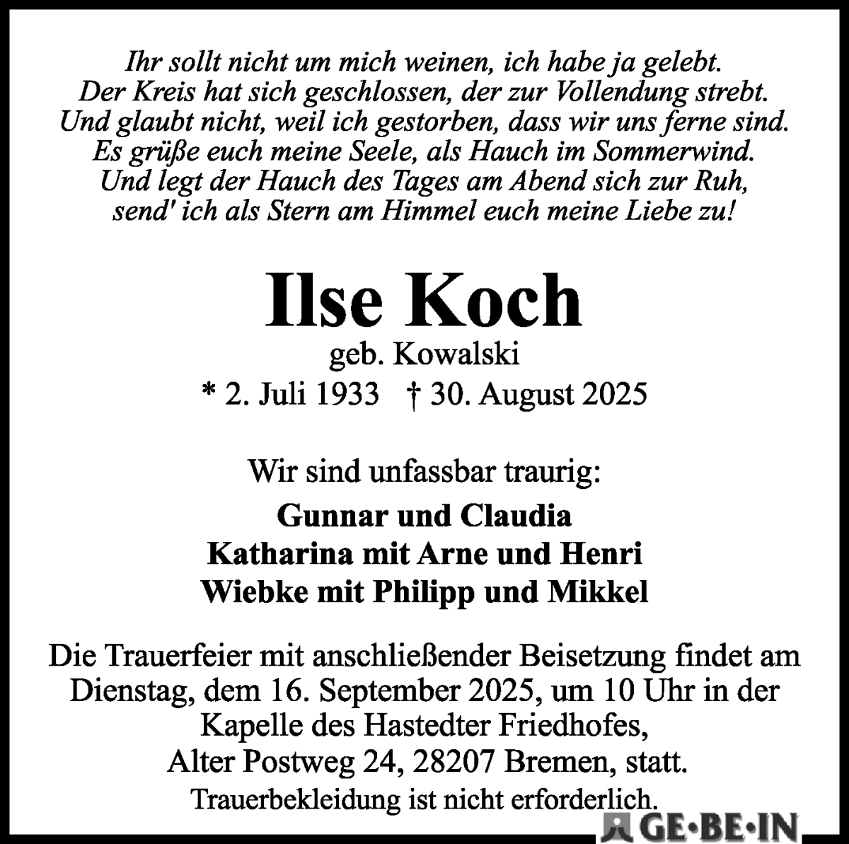 Traueranzeige von Ilse Koch von WESER-KURIER