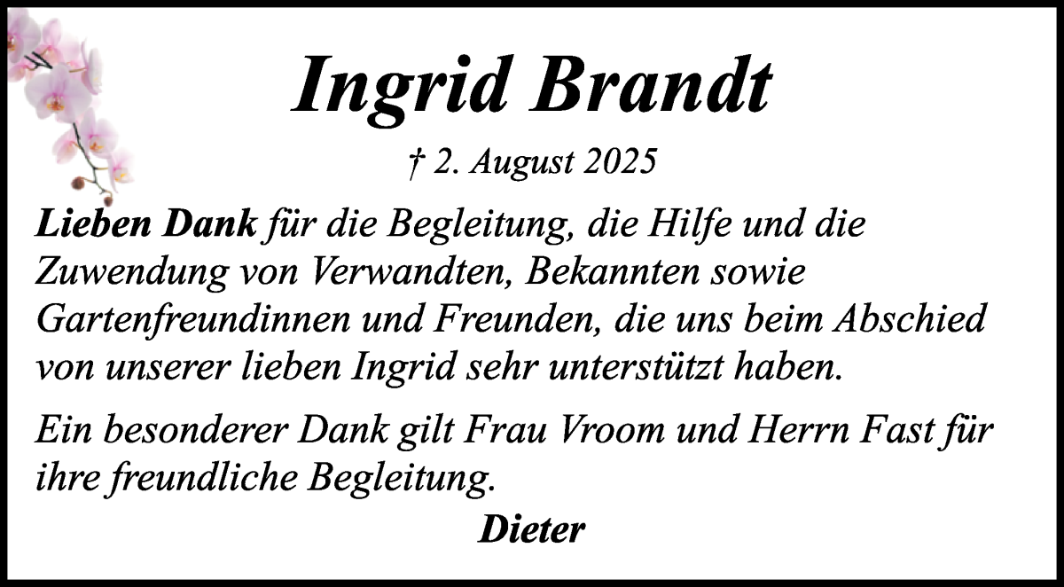  Traueranzeige für Ingrid Brandt vom 13.09.2025 aus WESER-KURIER