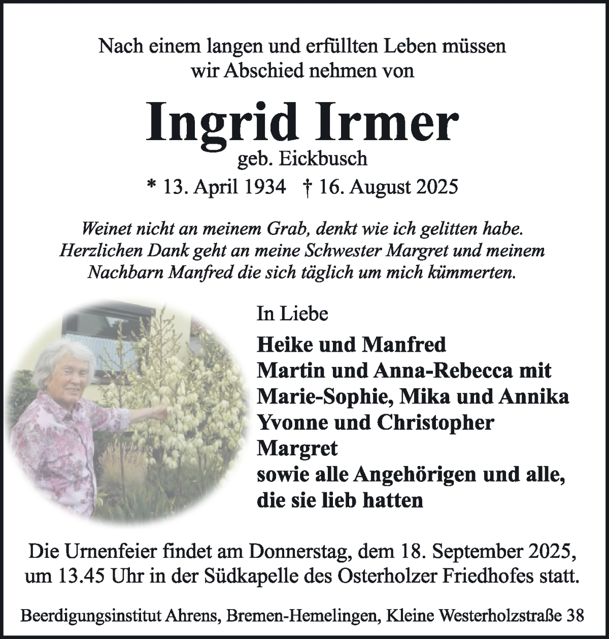 Traueranzeige von Ingrid Irmer von WESER-KURIER