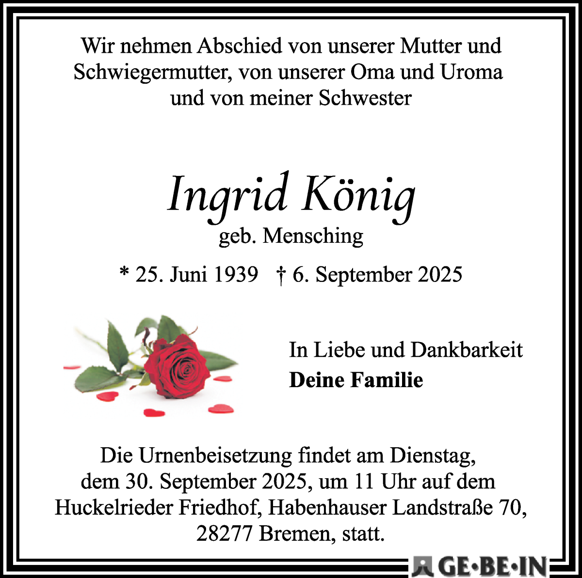 Traueranzeige von Ingrid König von WESER-KURIER