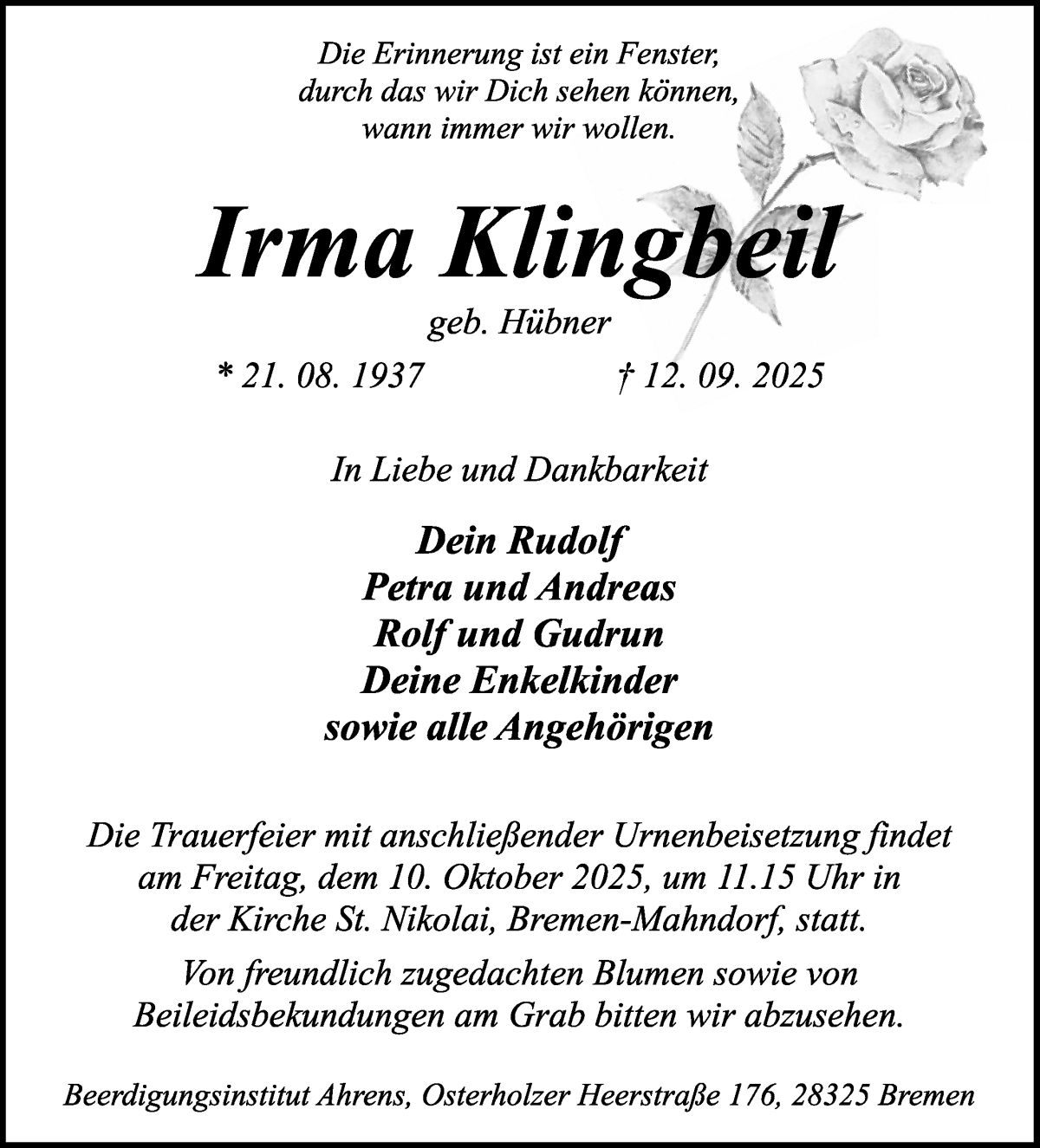 Traueranzeige von Irma Klingbeil von WESER-KURIER