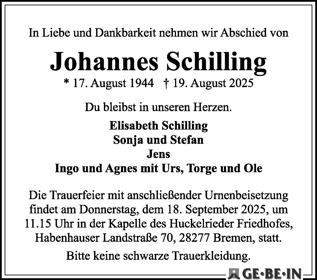 Traueranzeige von Johannes Schilling von WESER-KURIER