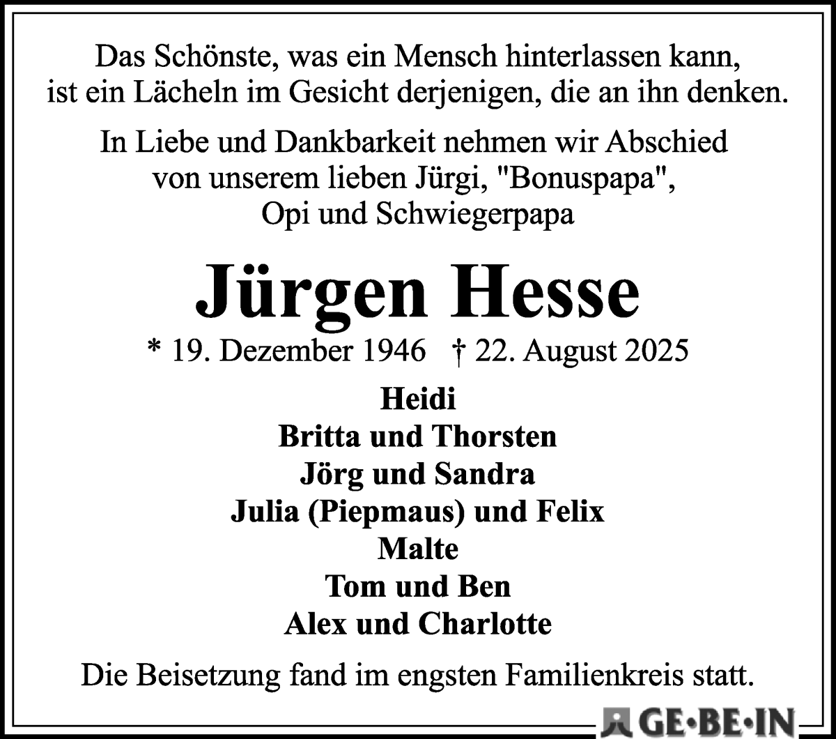 Traueranzeige von Jürgen Hesse von WESER-KURIER