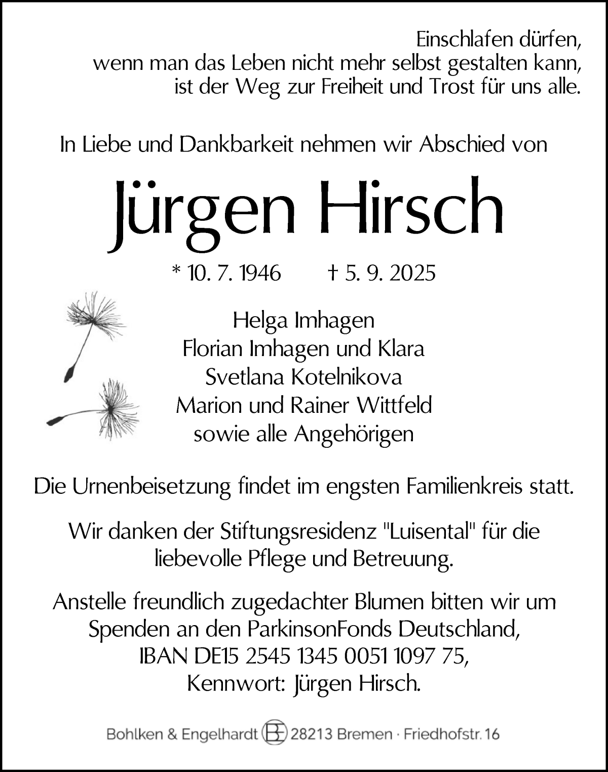 Traueranzeige von Jürgen Hirsch von WESER-KURIER