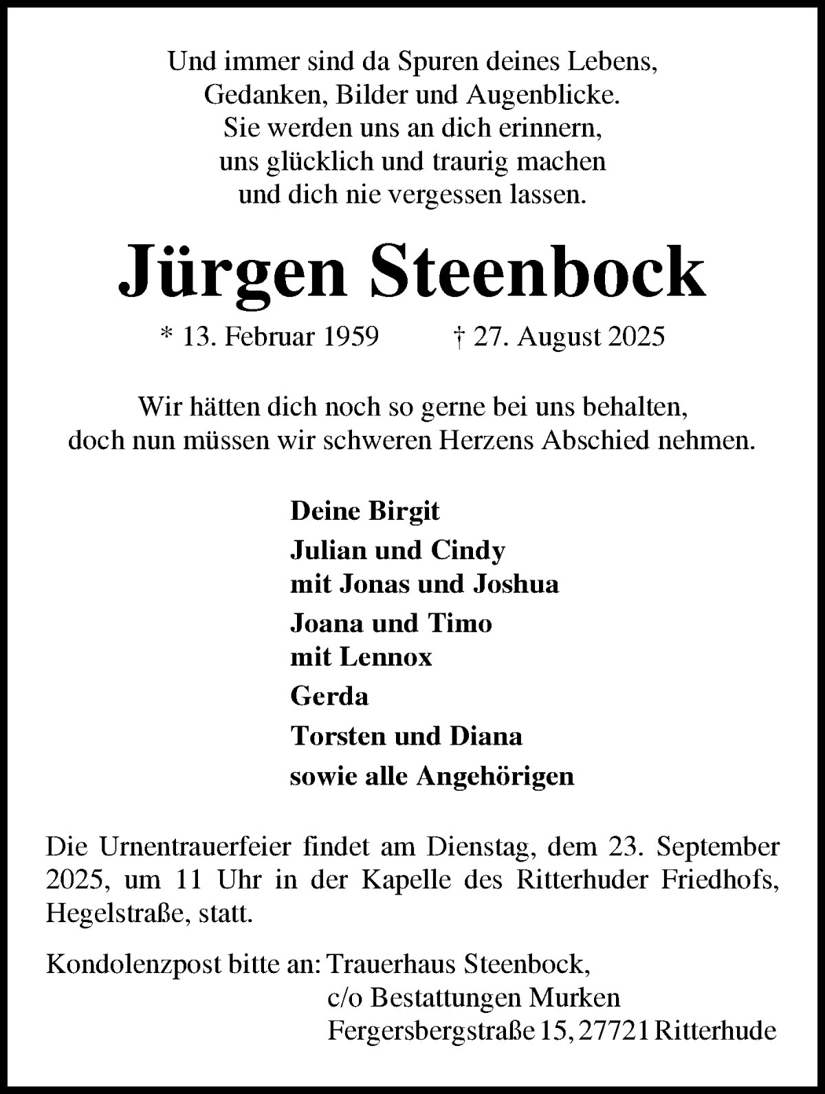  Traueranzeige für Jürgen Steenbock vom 06.09.2025 aus Osterholzer Kreisblatt