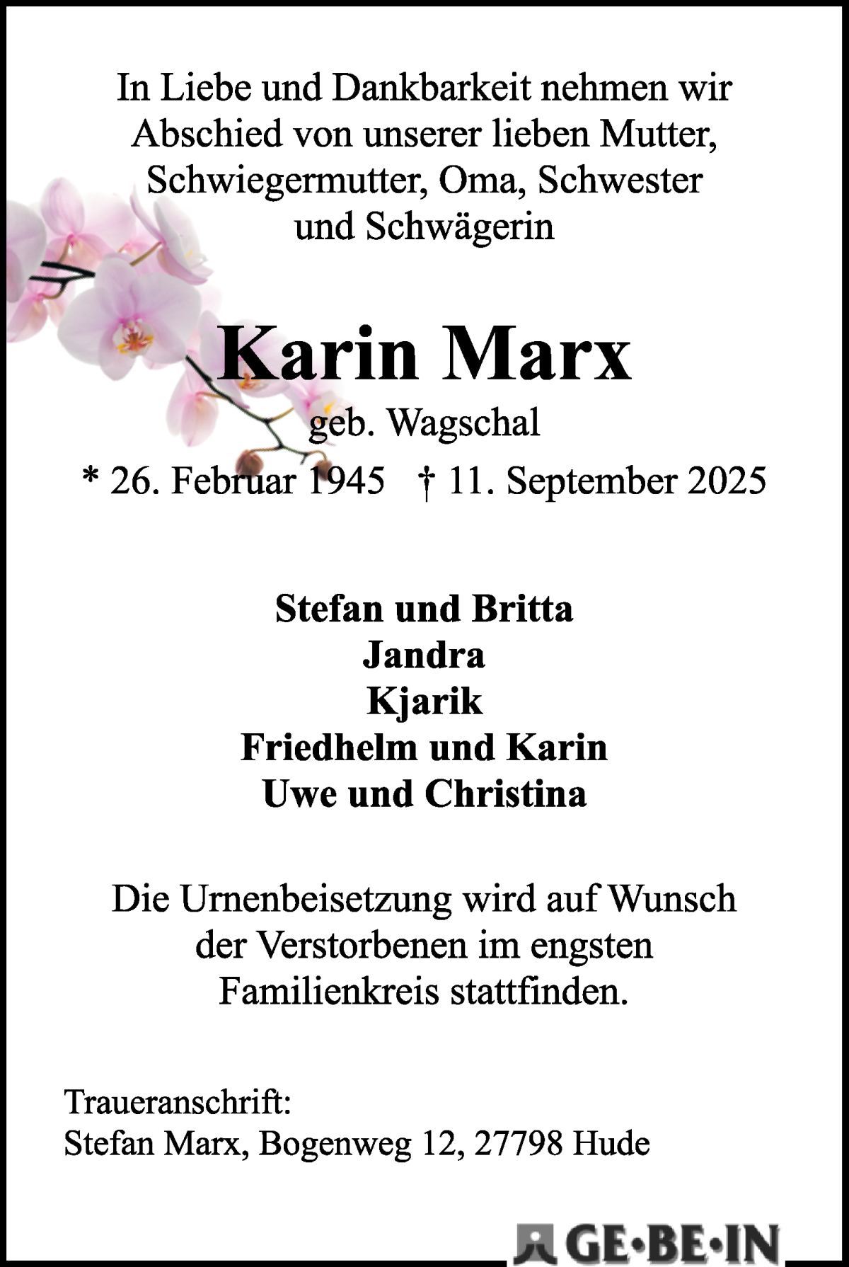 Traueranzeige von Karin Marx von WESER-KURIER