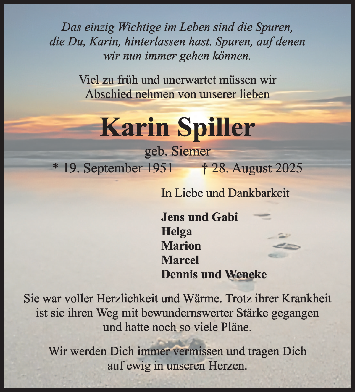 Traueranzeige von Karin Spiller von WESER-KURIER