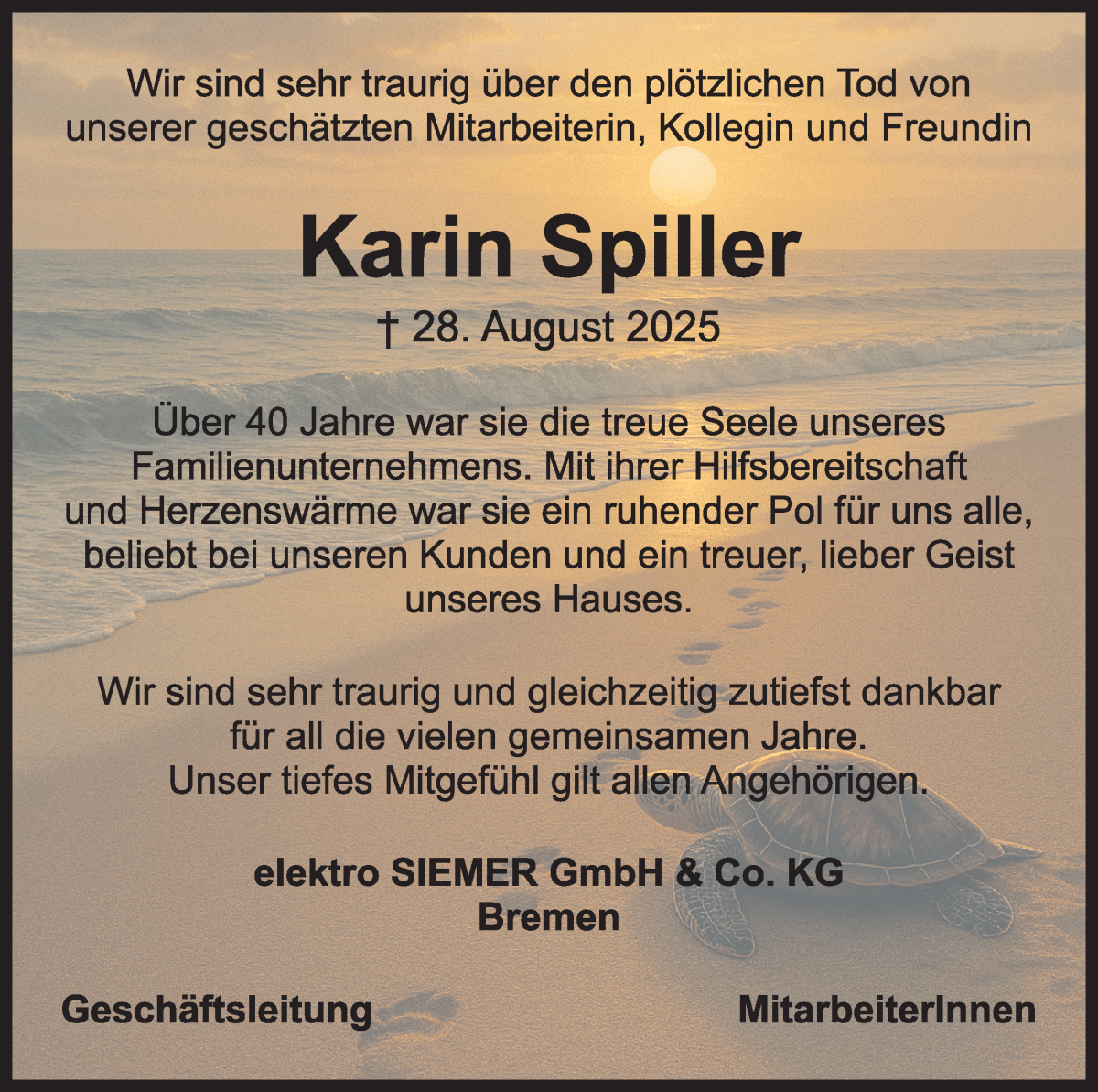 Traueranzeige von Karin Spiller von WESER-KURIER
