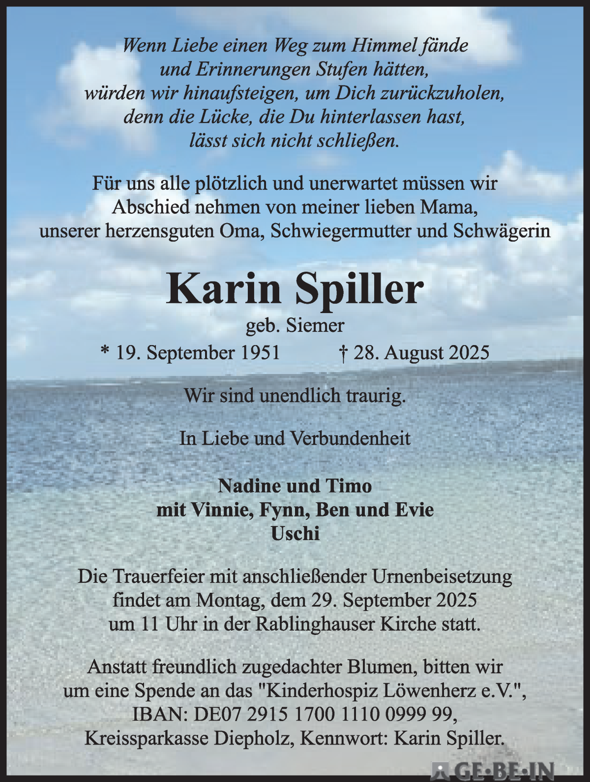 Traueranzeige von Karin Spiller von WESER-KURIER