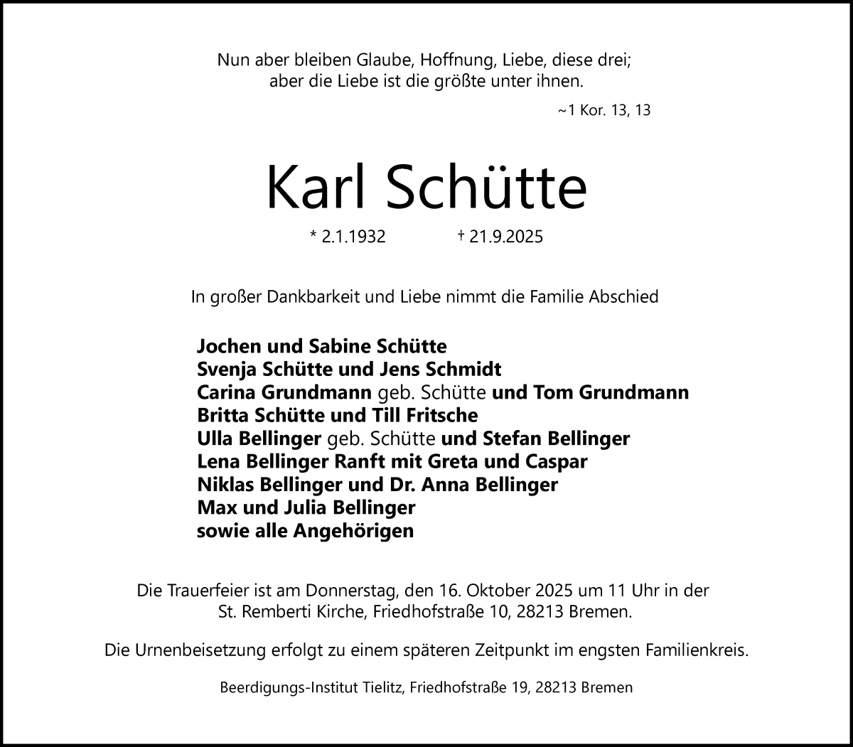 Traueranzeige von Karl Schütte von WESER-KURIER