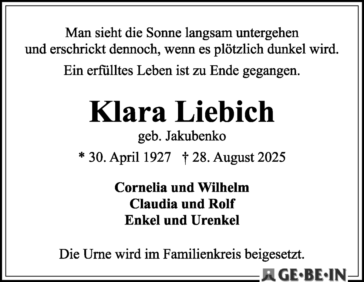 Traueranzeige von Klara Liebich von WESER-KURIER