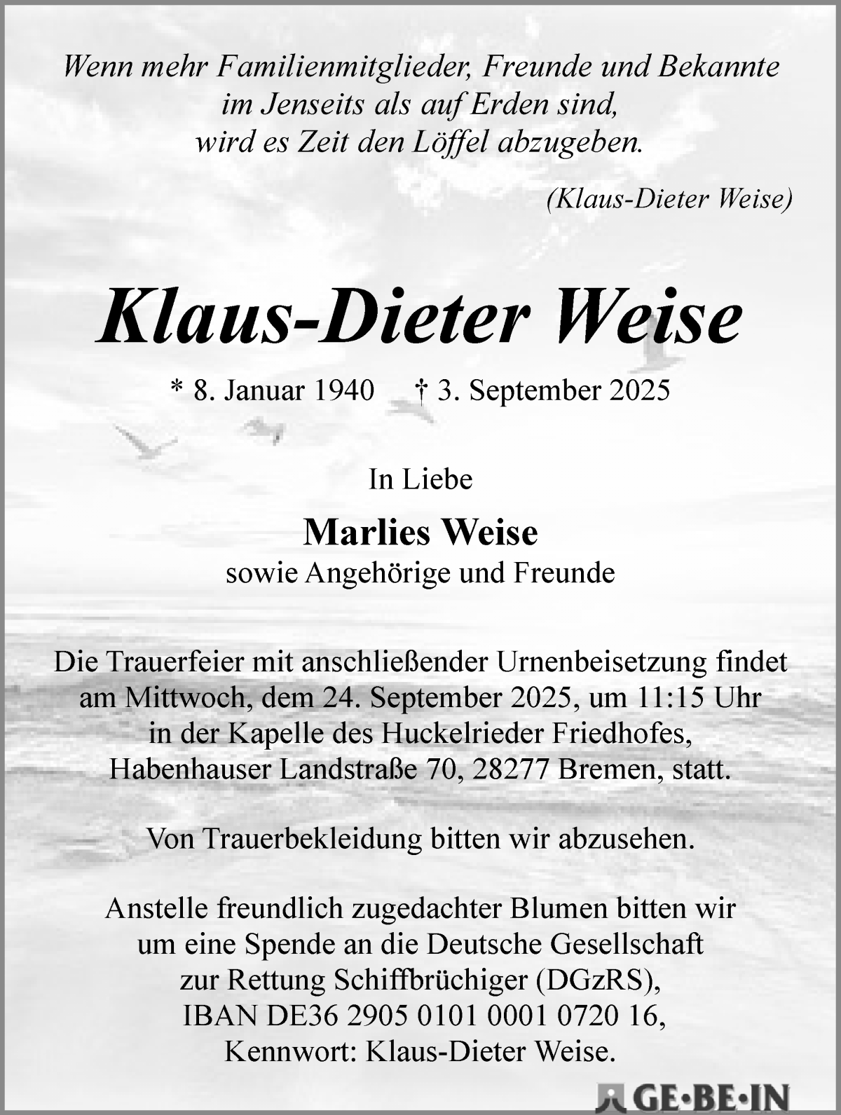 Traueranzeige von Klaus-Dieter Weise von WESER-KURIER