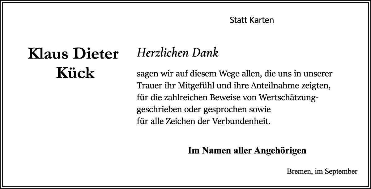 Traueranzeige von Klaus Dieter Kück von WESER-KURIER