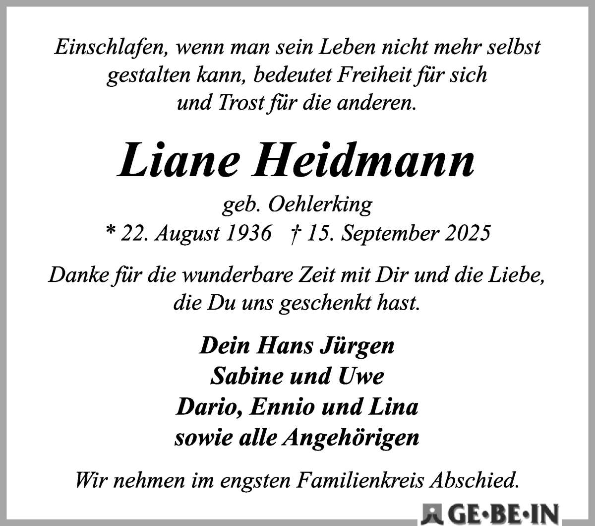 Traueranzeige von Liane Heidmann von WESER-KURIER