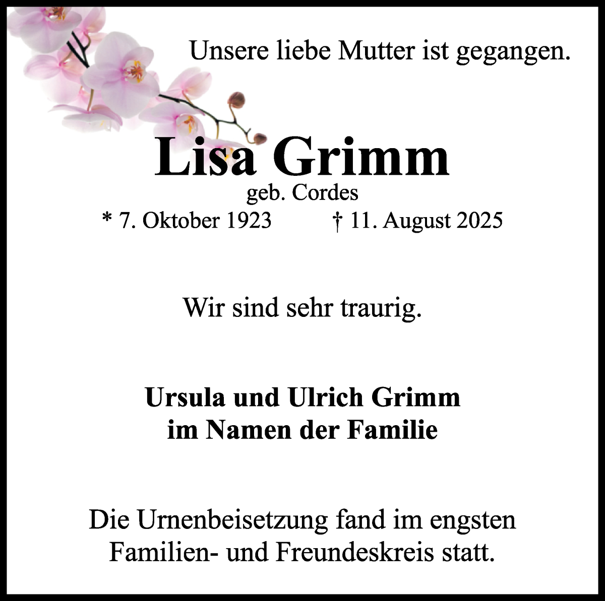 Traueranzeige von Lisa Grimm von WESER-KURIER