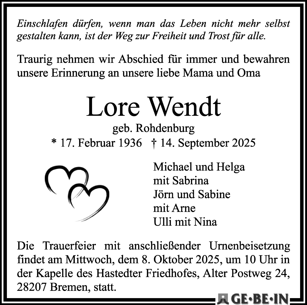 Traueranzeige von Lore Wendt von WESER-KURIER