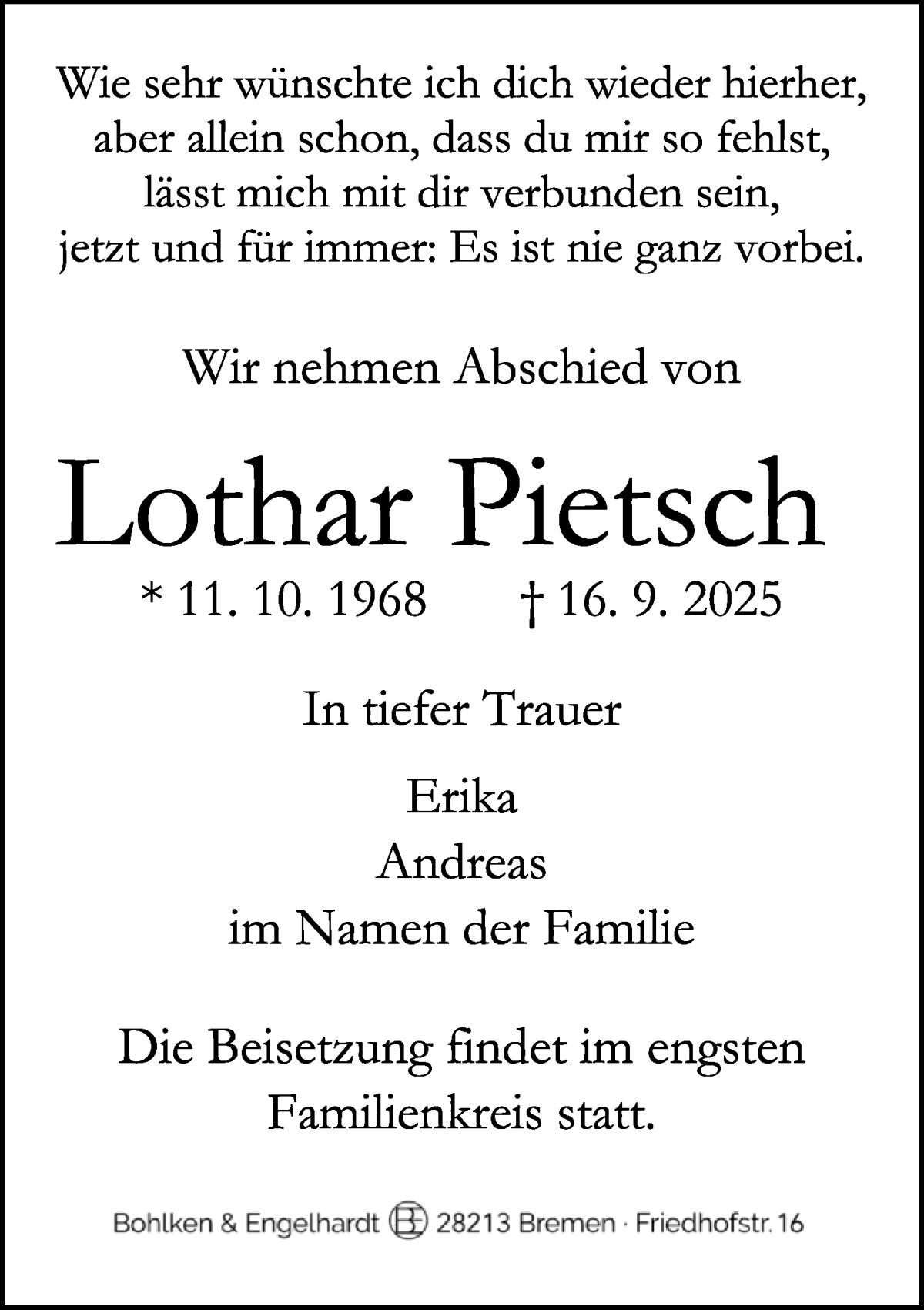 Traueranzeige von Lothar Pietsch von WESER-KURIER