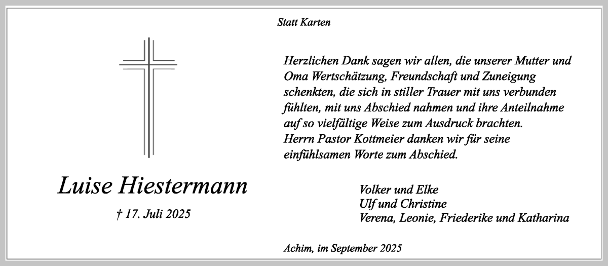 Traueranzeige von Luise Hiestermann von WESER-KURIER
