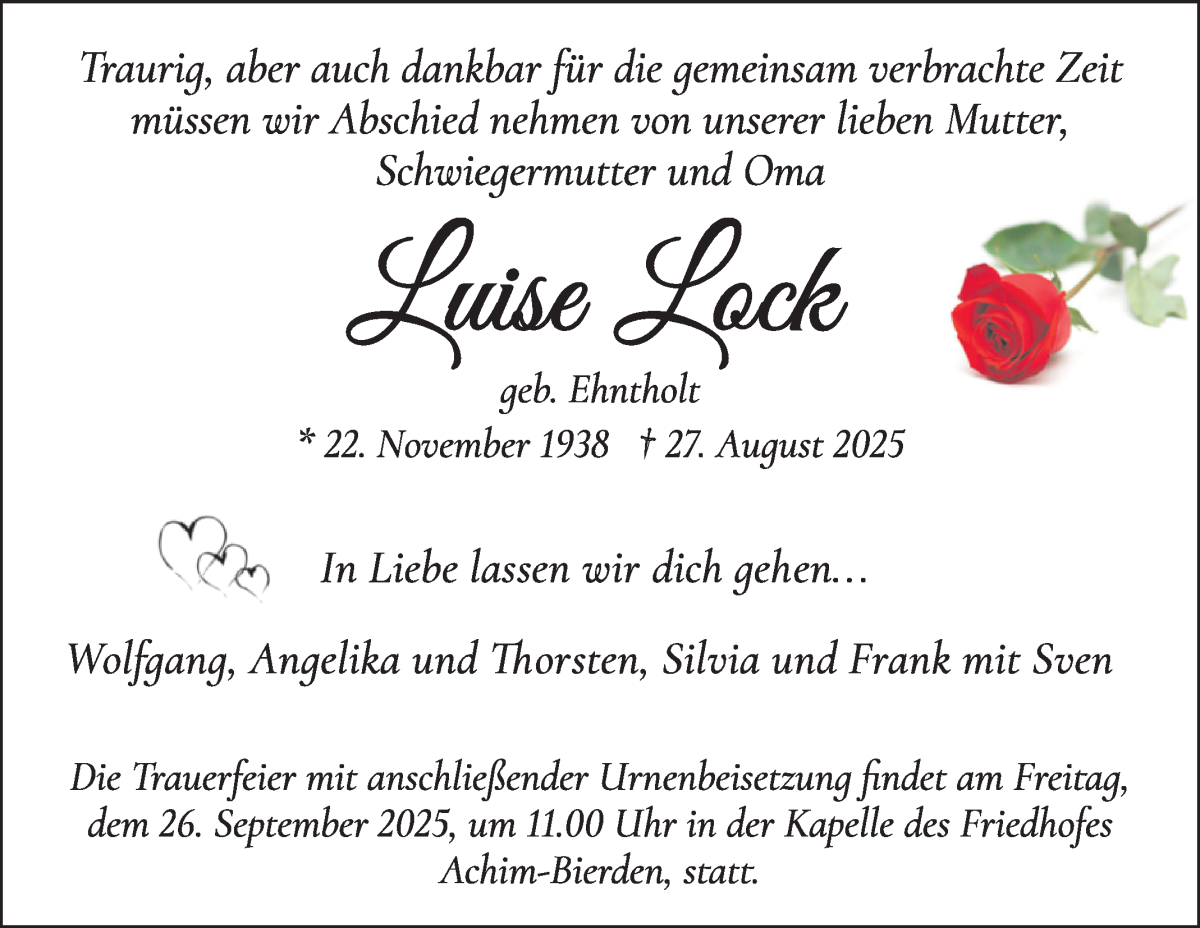  Traueranzeige für Luise Lock vom 13.09.2025 aus WESER-KURIER
