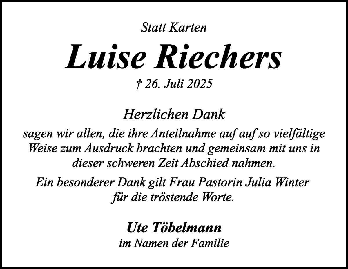 Traueranzeige von Luise Riechers von WESER-KURIER