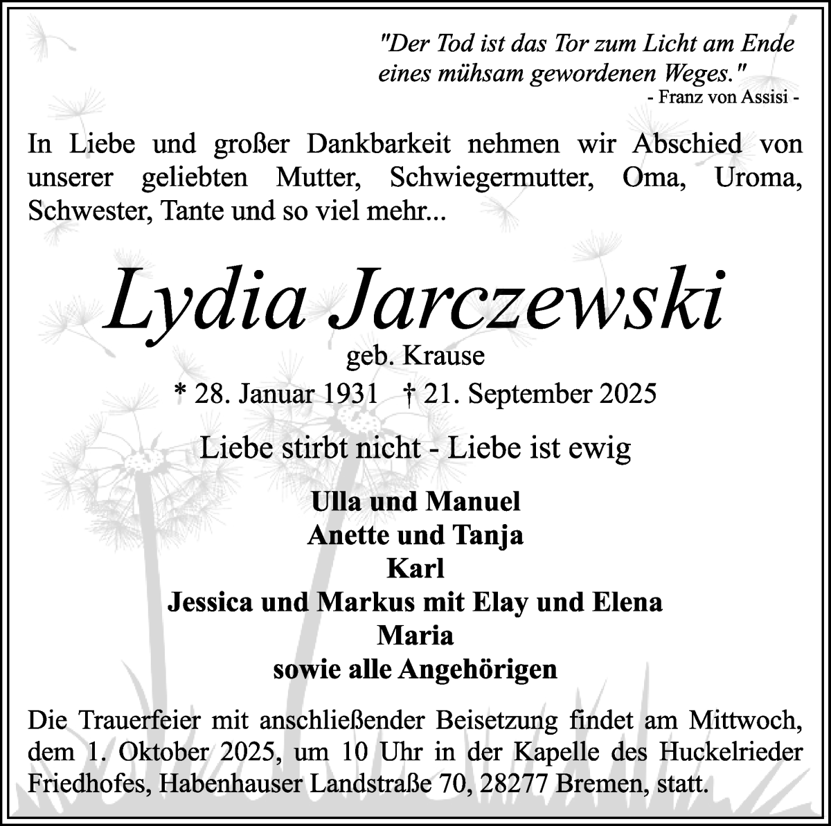 Traueranzeige von Lydia Jarczewski von WESER-KURIER