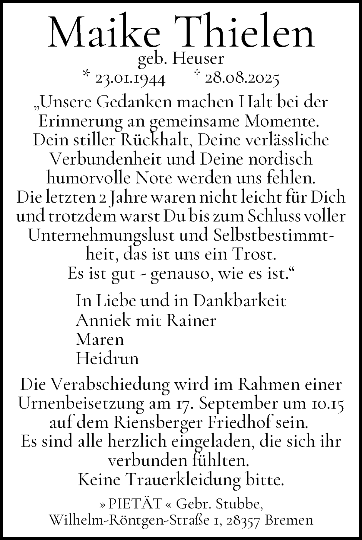 Traueranzeige von Maike Thielen von WESER-KURIER