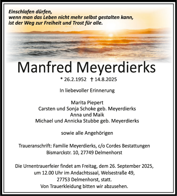 Traueranzeige von Manfred Meyerdierks von WESER-KURIER