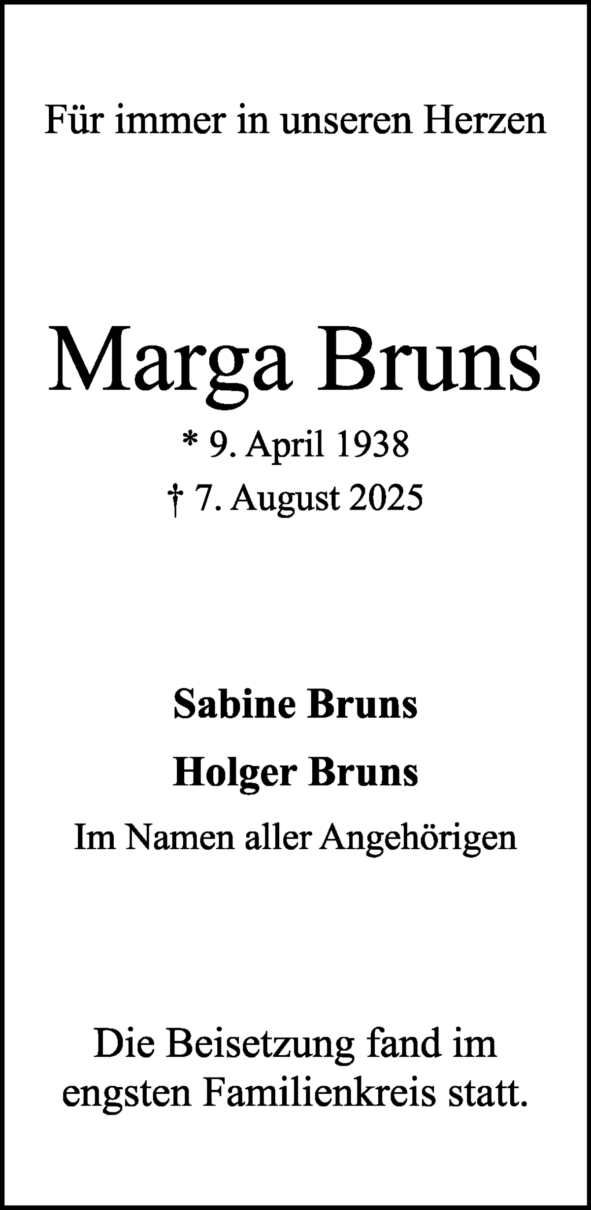 Traueranzeige von Marga Bruns von WESER-KURIER