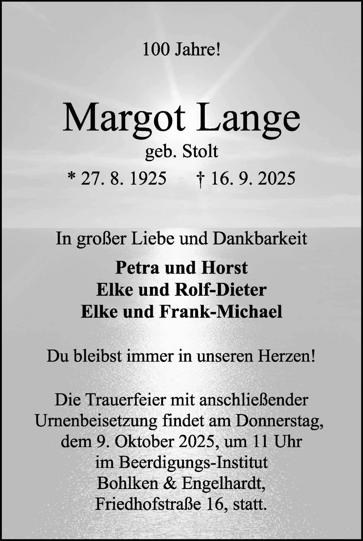 Traueranzeige von Margot Lange von WESER-KURIER