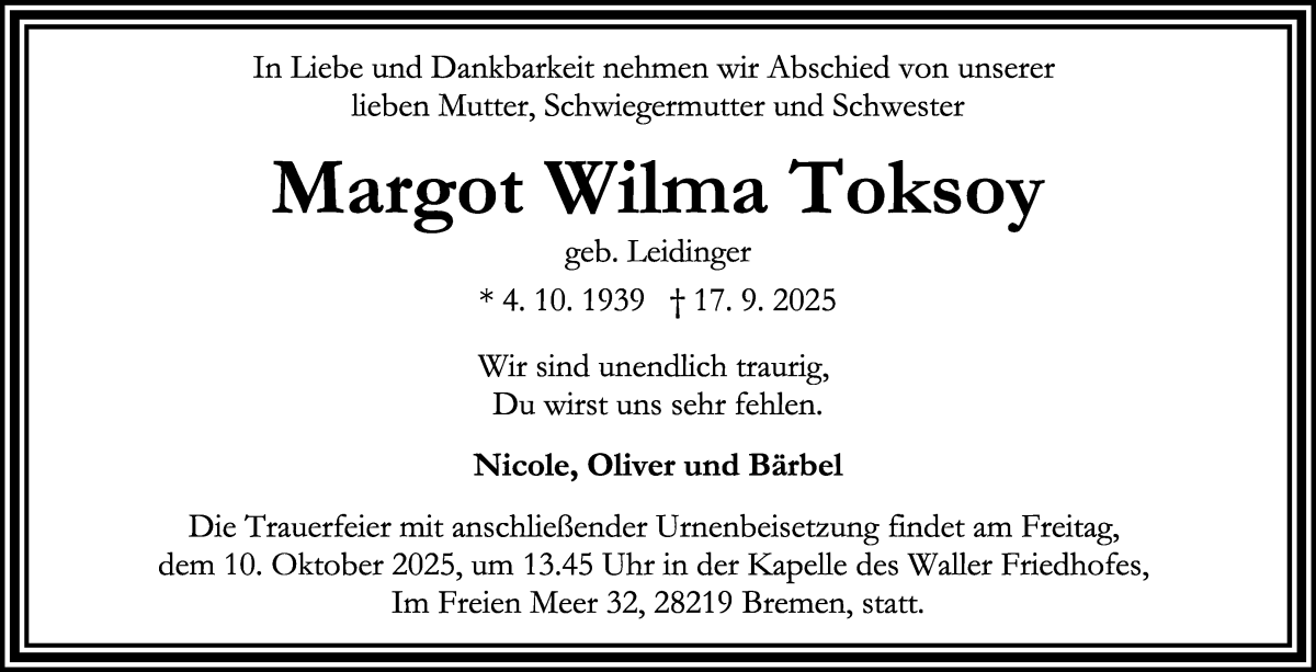 Traueranzeige von Margot Wilma Toksoy von WESER-KURIER