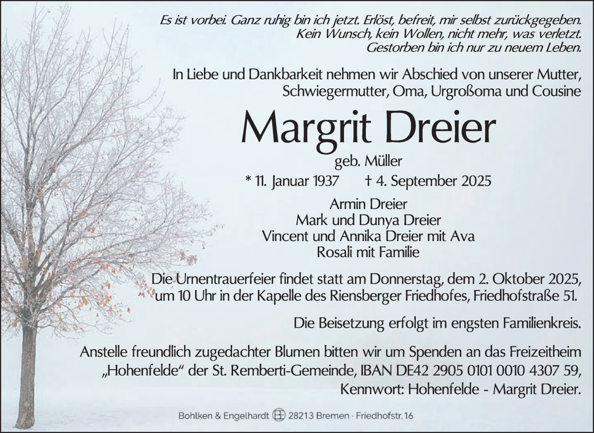 Traueranzeige von Margrit Dreier von WESER-KURIER