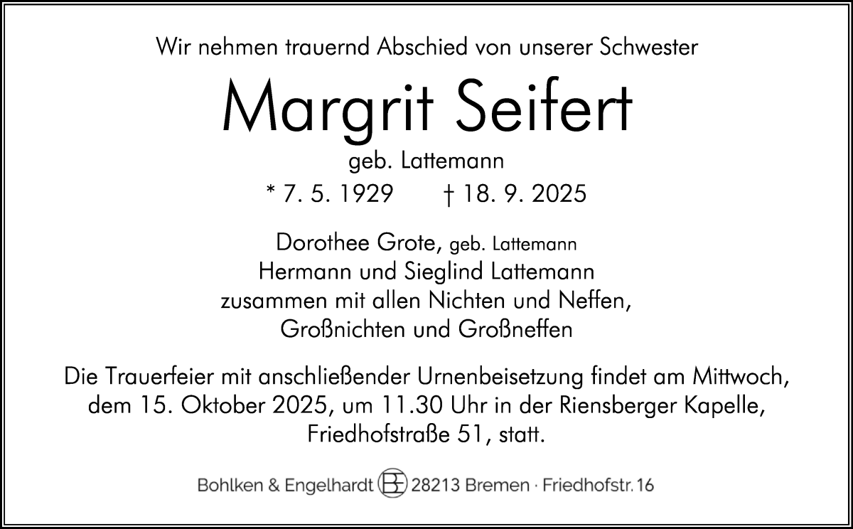 Traueranzeige von Margrit Seifert von WESER-KURIER