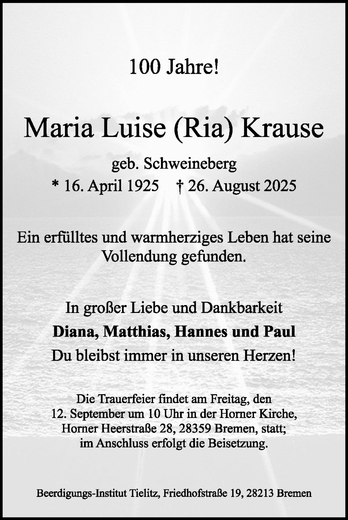 Traueranzeige von Maria Luise Krause von WESER-KURIER