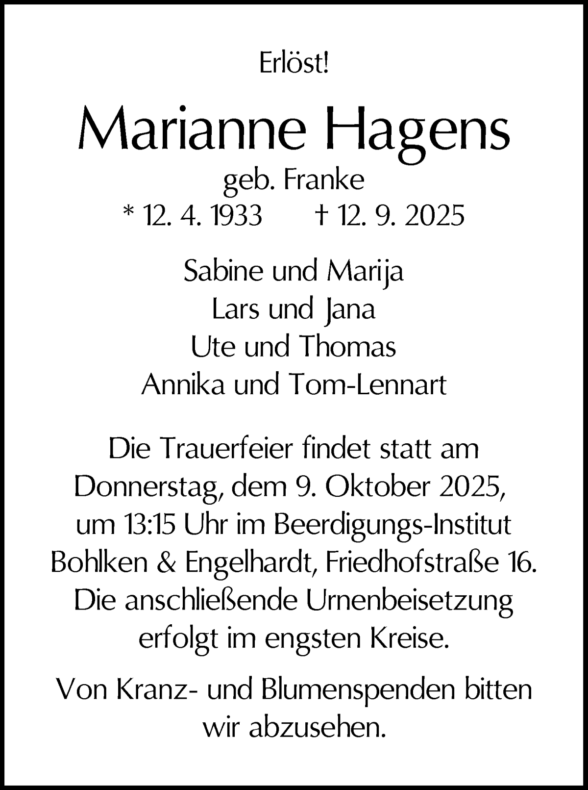 Traueranzeige von Marianne Hagens von WESER-KURIER