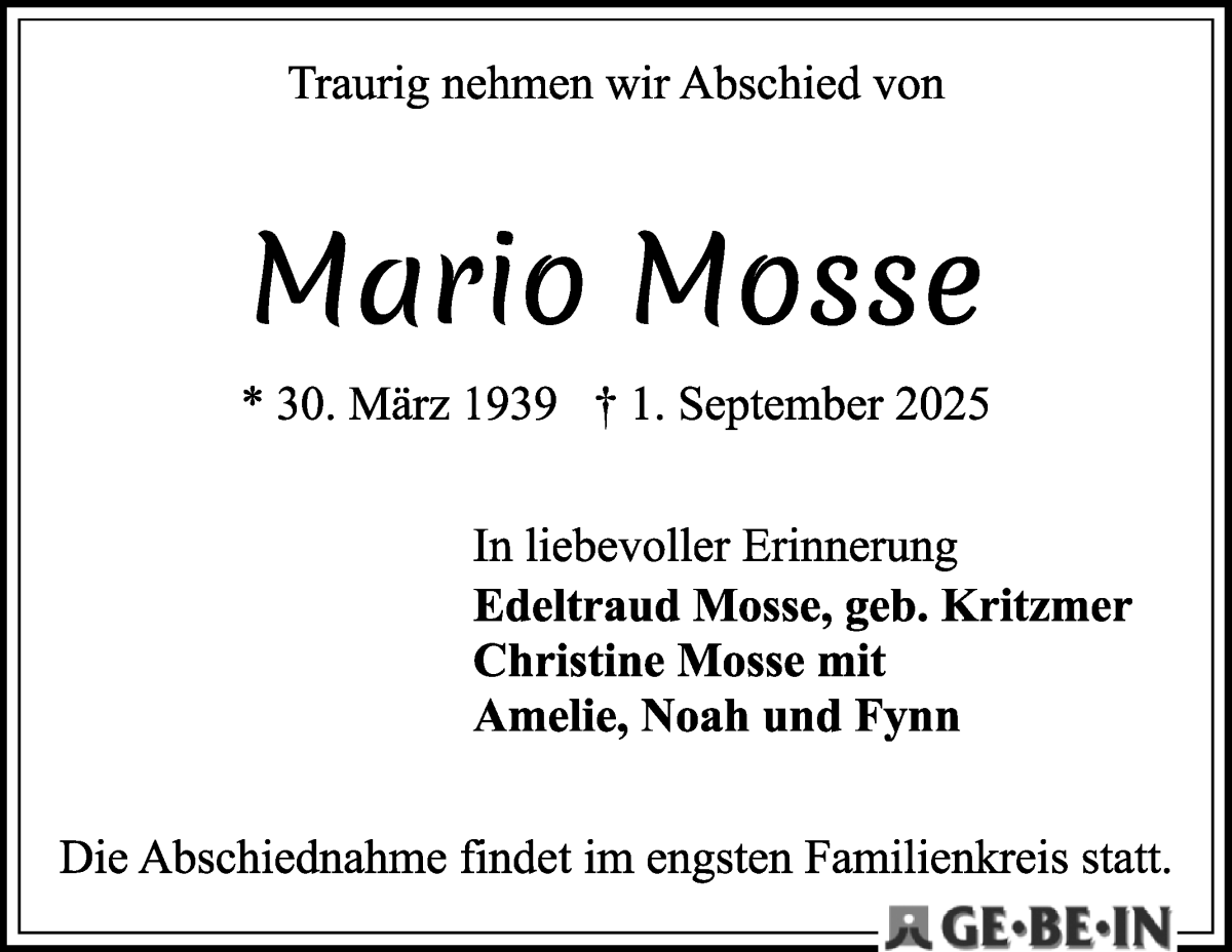 Traueranzeige von Mario Mosse von WESER-KURIER