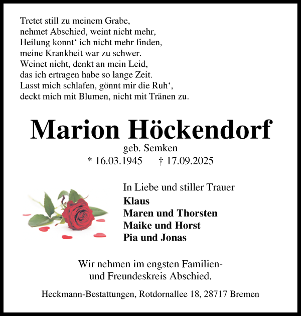 Traueranzeige von Marion Höckendorf von Die Norddeutsche