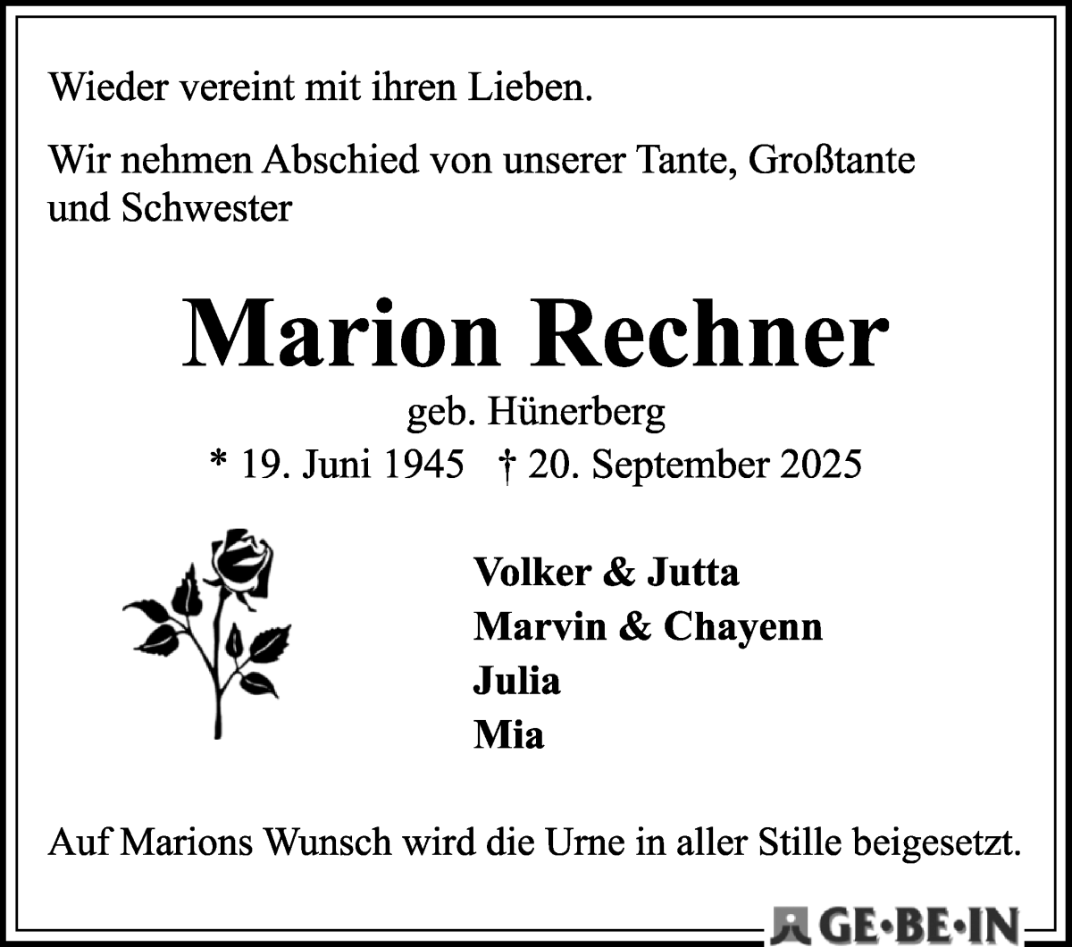 Traueranzeige von Marion Rechner von WESER-KURIER