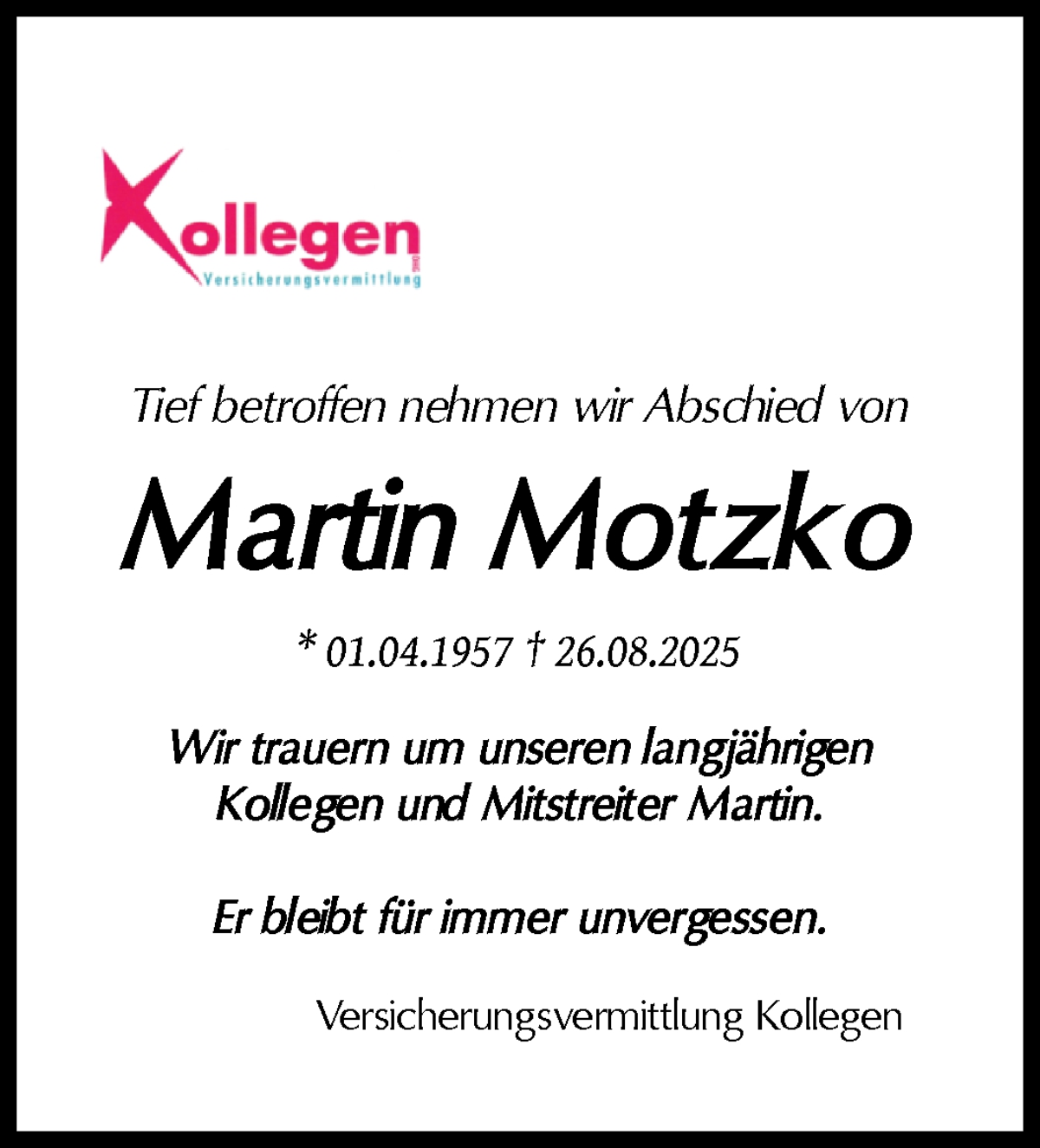  Traueranzeige für Martin Motzko vom 06.09.2025 aus WESER-KURIER
