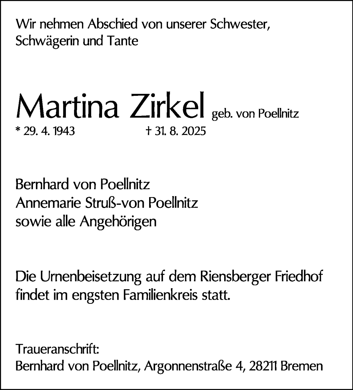 Traueranzeige von Martina Zirkel von WESER-KURIER