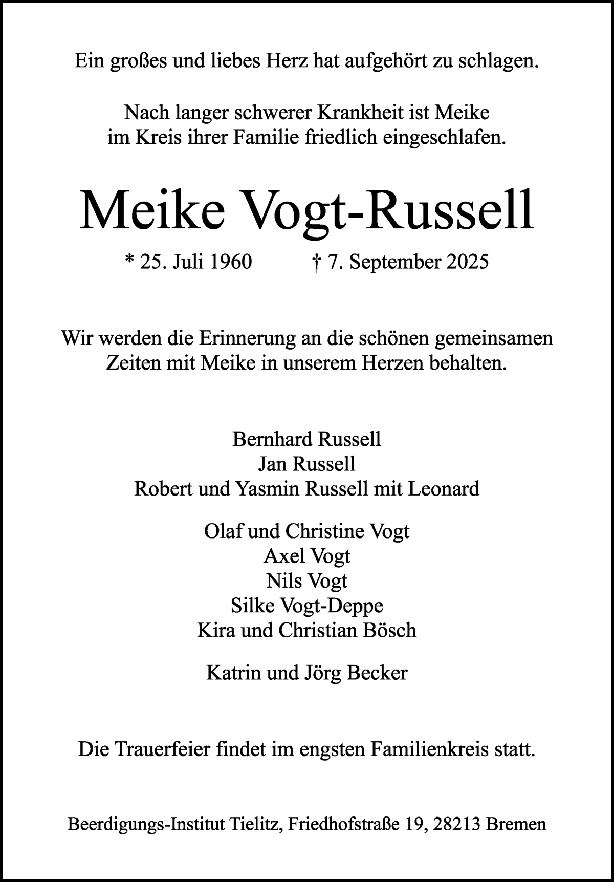 Traueranzeige von Meike Vogt-Russell von WESER-KURIER