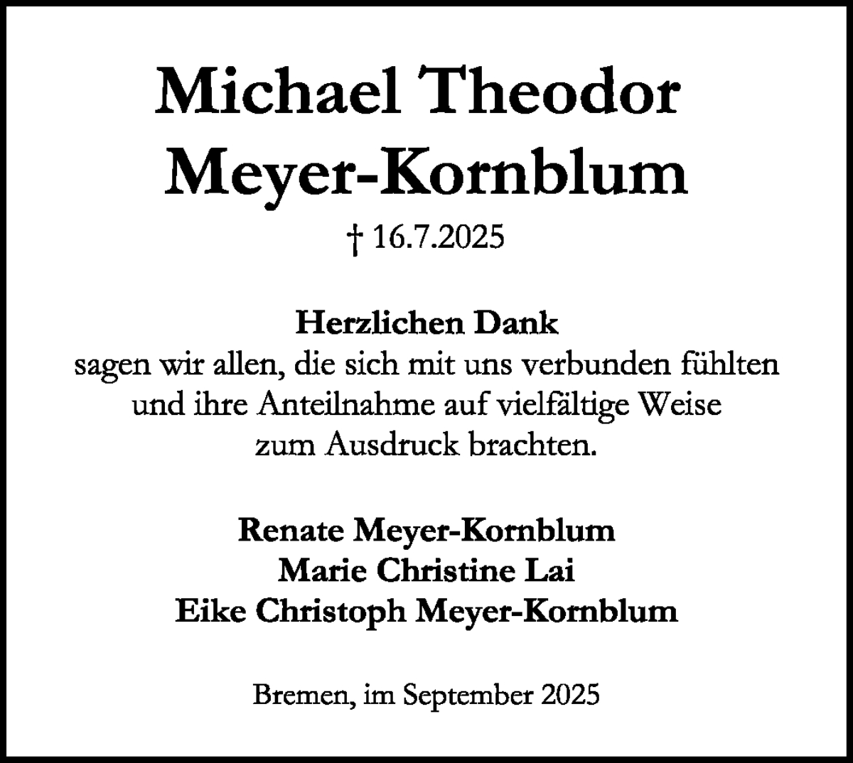 Traueranzeige von Michael Theodor Meyer-Kornblum von WESER-KURIER