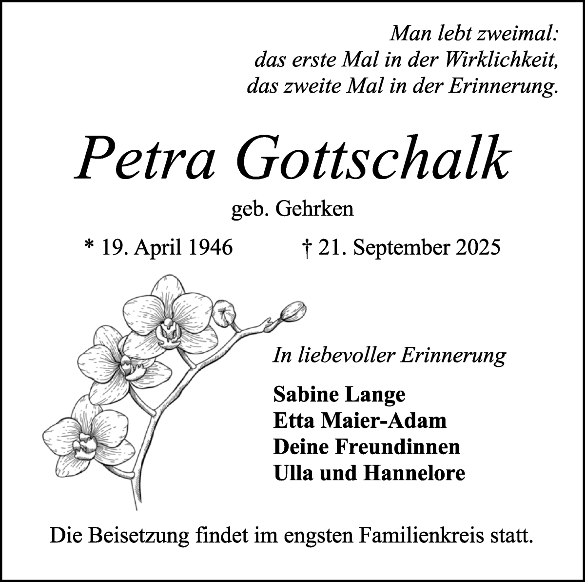 Traueranzeige von Petra Gottschalk von WESER-KURIER