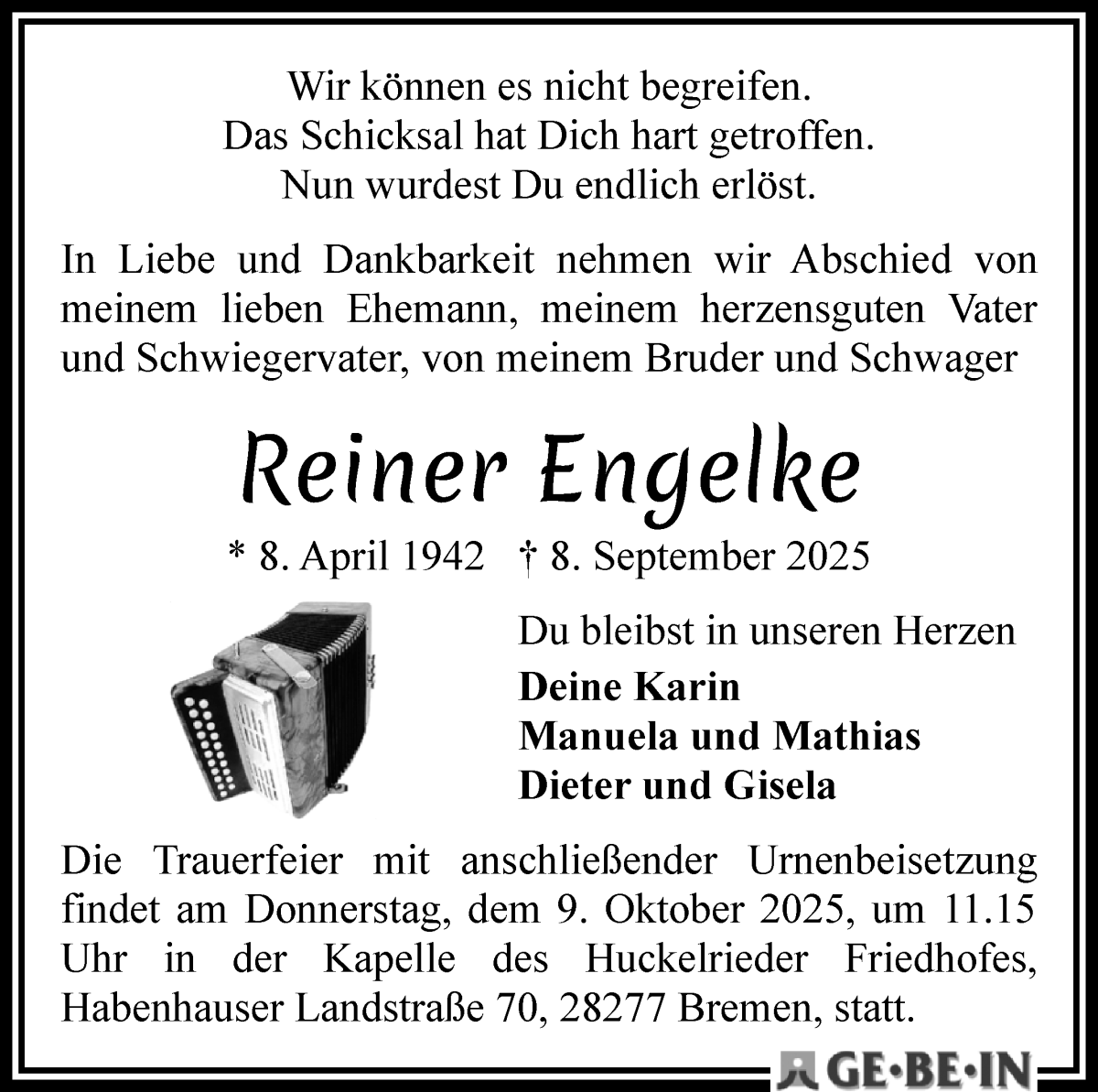 Traueranzeige von Reiner Engelke von WESER-KURIER