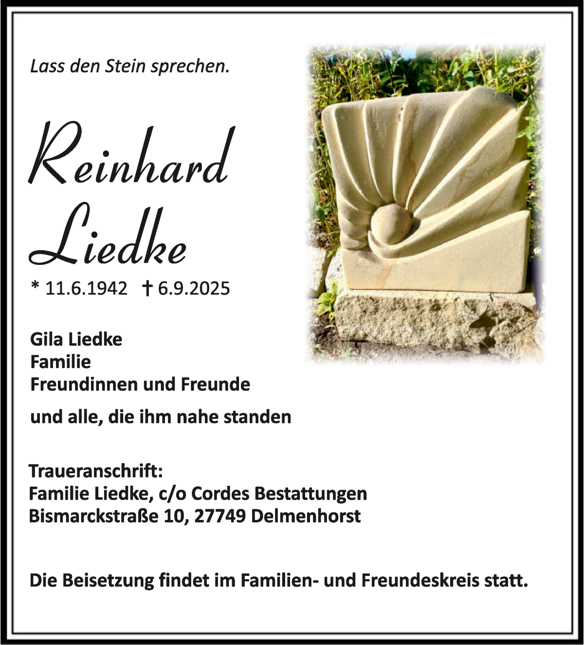  Traueranzeige für Reinhard Liedke vom 13.09.2025 aus WESER-KURIER