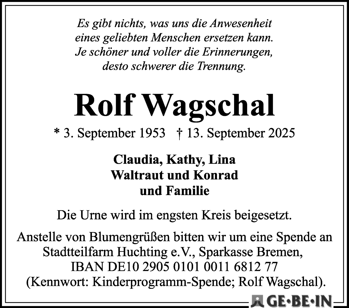 Traueranzeige von Rolf Wagschal von WESER-KURIER